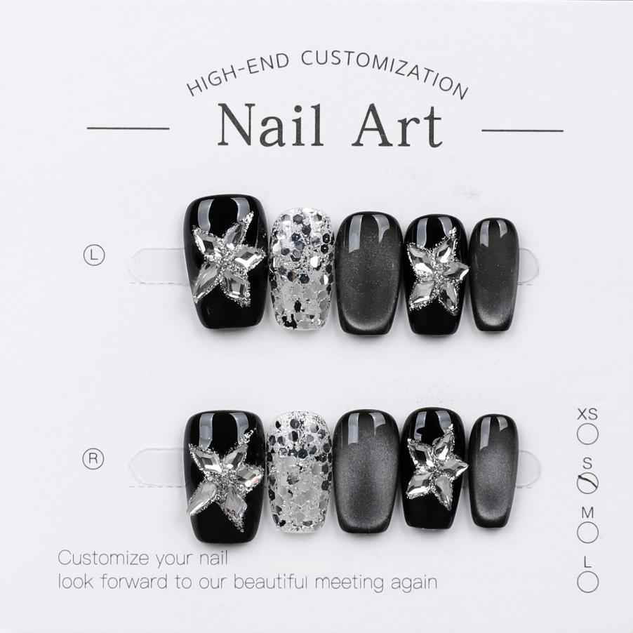 3D Crystal Star & Cateye Press On Nails - Short Square Black Tone Fake Nails with Glue Kit #1042