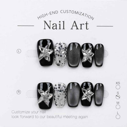3D Crystal Star & Cateye Press On Nails - Short Square Black Tone Fake Nails with Glue Kit #1042