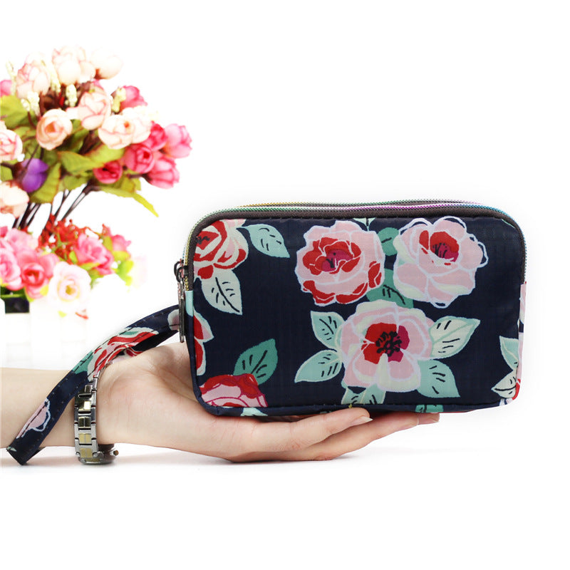 Floral Printed Fabric Wristlet Wallet for Women - Double Zipper Clutch with Wrist Strap