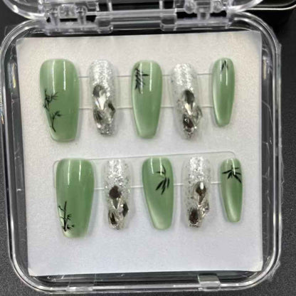 Bamboo Drawing Handmade Press On Nails - Medium Square Shape Fake Nails Removable with Glue Kit #1048