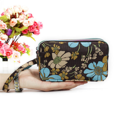 Floral Printed Fabric Wristlet Wallet for Women - Double Zipper Clutch with Wrist Strap