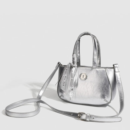 Metallic Small Tote Bag with Detachable Crossbody Strap - Fashionable Silver Square Handbag for Ladies -dropshippingabc.com