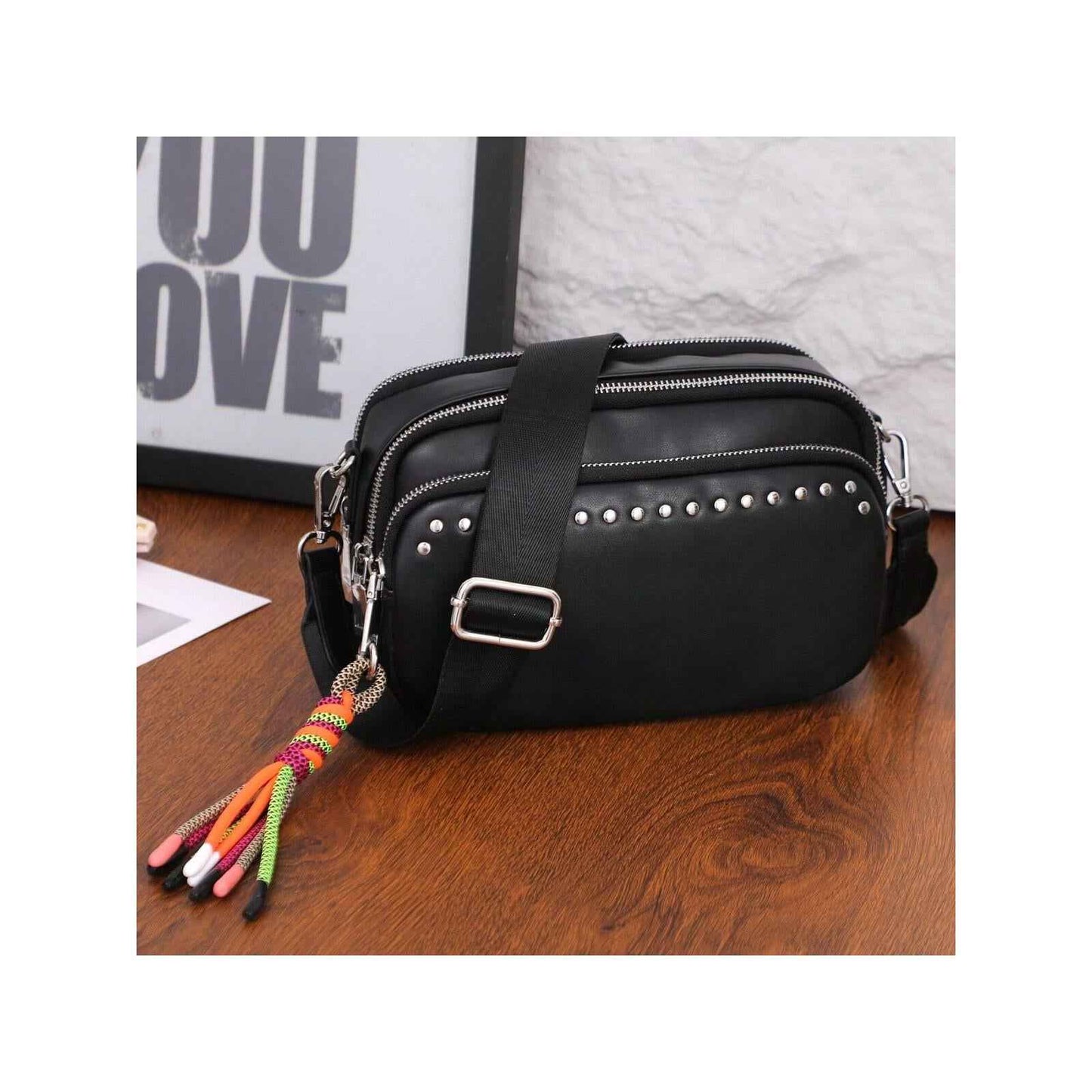 Women's Small Crossbody Bag - Beige & Black Square Purse with Multiple Pockets, Trendy Tassel & Wide Comfortable Nylon Guitar Strap