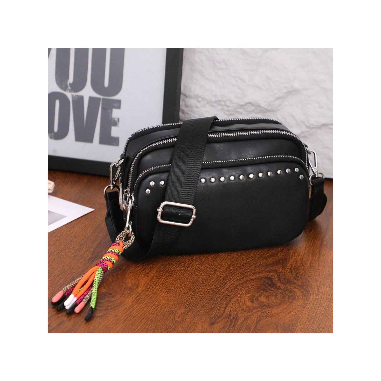 Women's Small Crossbody Bag - Beige & Black Square Purse with Multiple Pockets, Trendy Tassel & Wide Comfortable Nylon Guitar Strap