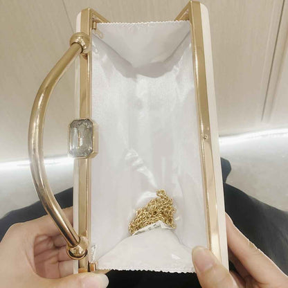 Rectangle Long Evening Purse - Leather Surface with Metal Top Handle & Detachable Crossbody Chain