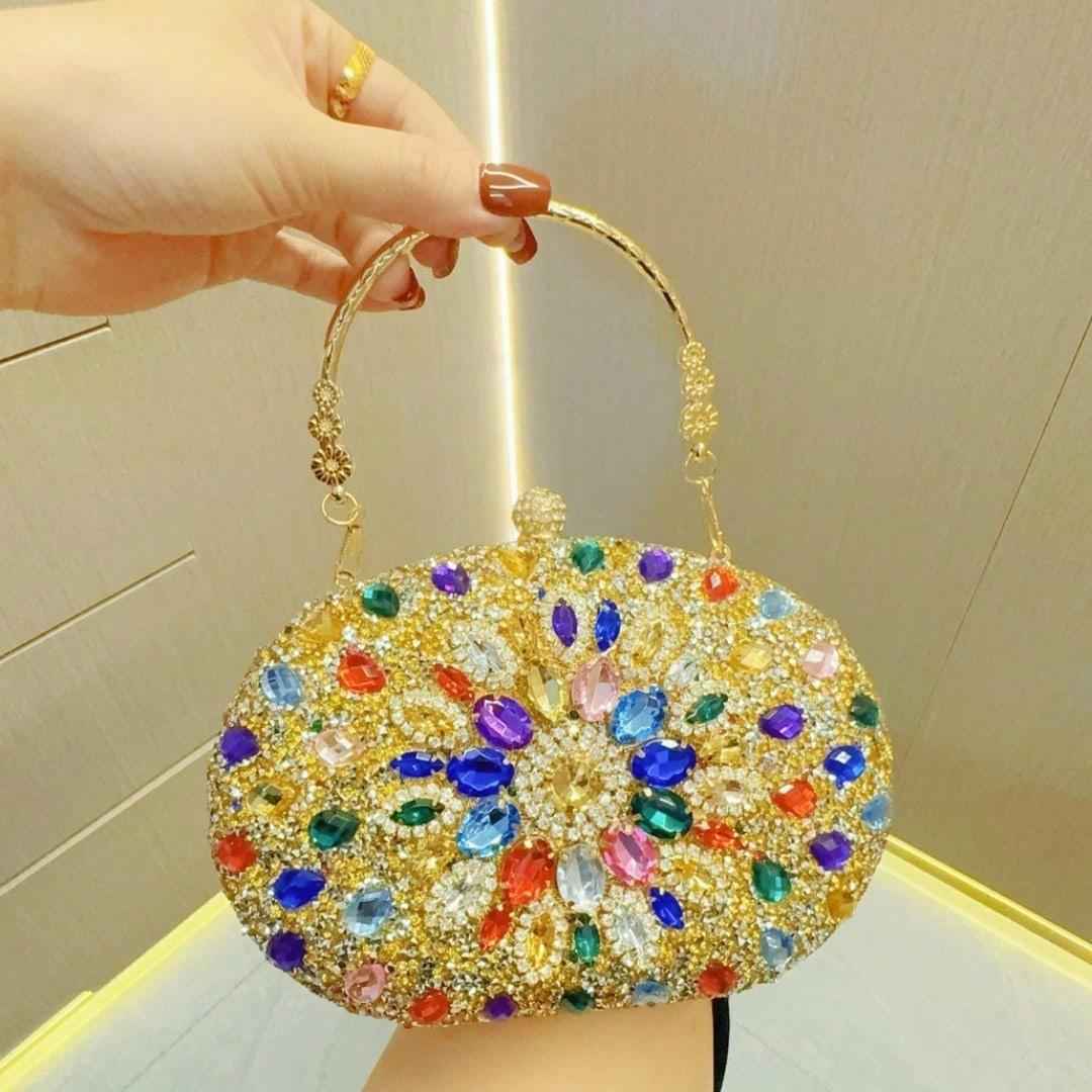 Elegant Oval Clutch Purses For Women Evening Bag Nude Purse Luxury Handbag Bride Wallet Glitter Multicolor Rhinestone Bags