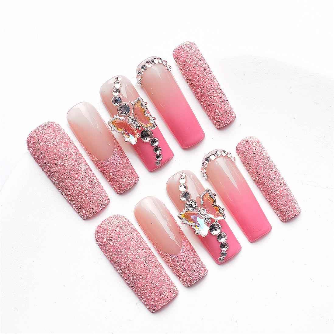Handmade 3D Floral Press On Nails - Long Square Shape with Glitter Gradient Shiny Design, Artificial Acrylic Nails with Glue Butterfly