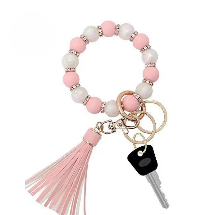 PU Tassel Keychain Women's Bag charm Silicone Beaded Keychain Wristlet Key Ring Bracelet Cute Car Key Chain Holder for Women Girls