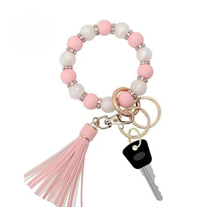 PU Tassel Keychain Women's Bag charm Silicone Beaded Keychain Wristlet Key Ring Bracelet Cute Car Key Chain Holder for Women Girls