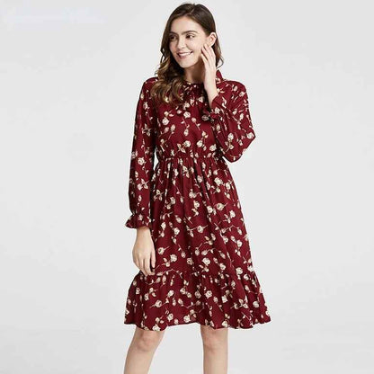 Long Sleeve Floral Print Chiffon Dress - Medium Lace Up Slim Fit Women's Dress
