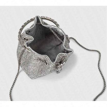 Glamorous Rhinestone Evening Bag - Gold & Silver Drawstring Clutch with Crossbody Chain for Wedding Prom Parties