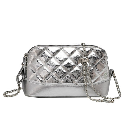 Small Casual Crossbody Bag with Long Chain Strap - Silver Metallic Checkered Shoulder Bag for Women -dropshippingabc.com