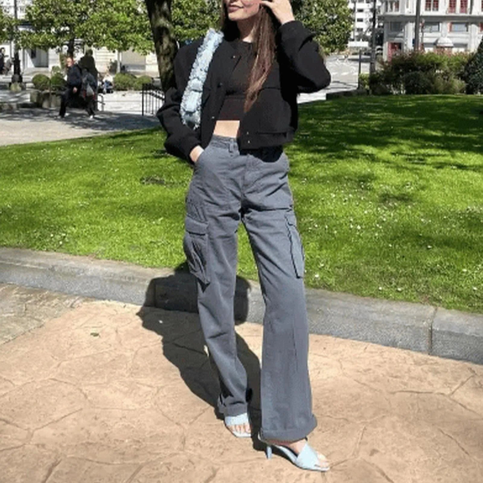 Women's Adjustable Cargo Pants - High Waist Straight Fit Baggy Wide Leg Trousers with Pockets Retro Street Style -dropshippingabc.com