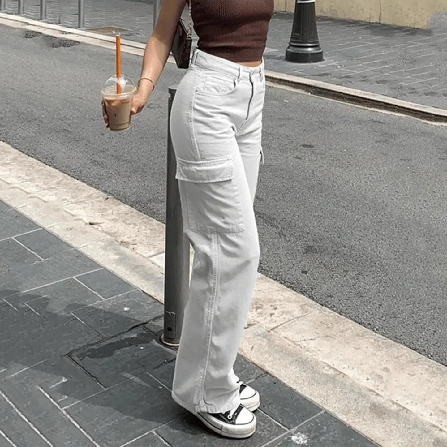 Women's Adjustable Cargo Pants - High Waist Straight Fit Baggy Wide Leg Trousers with Pockets Retro Street Style -dropshippingabc.com