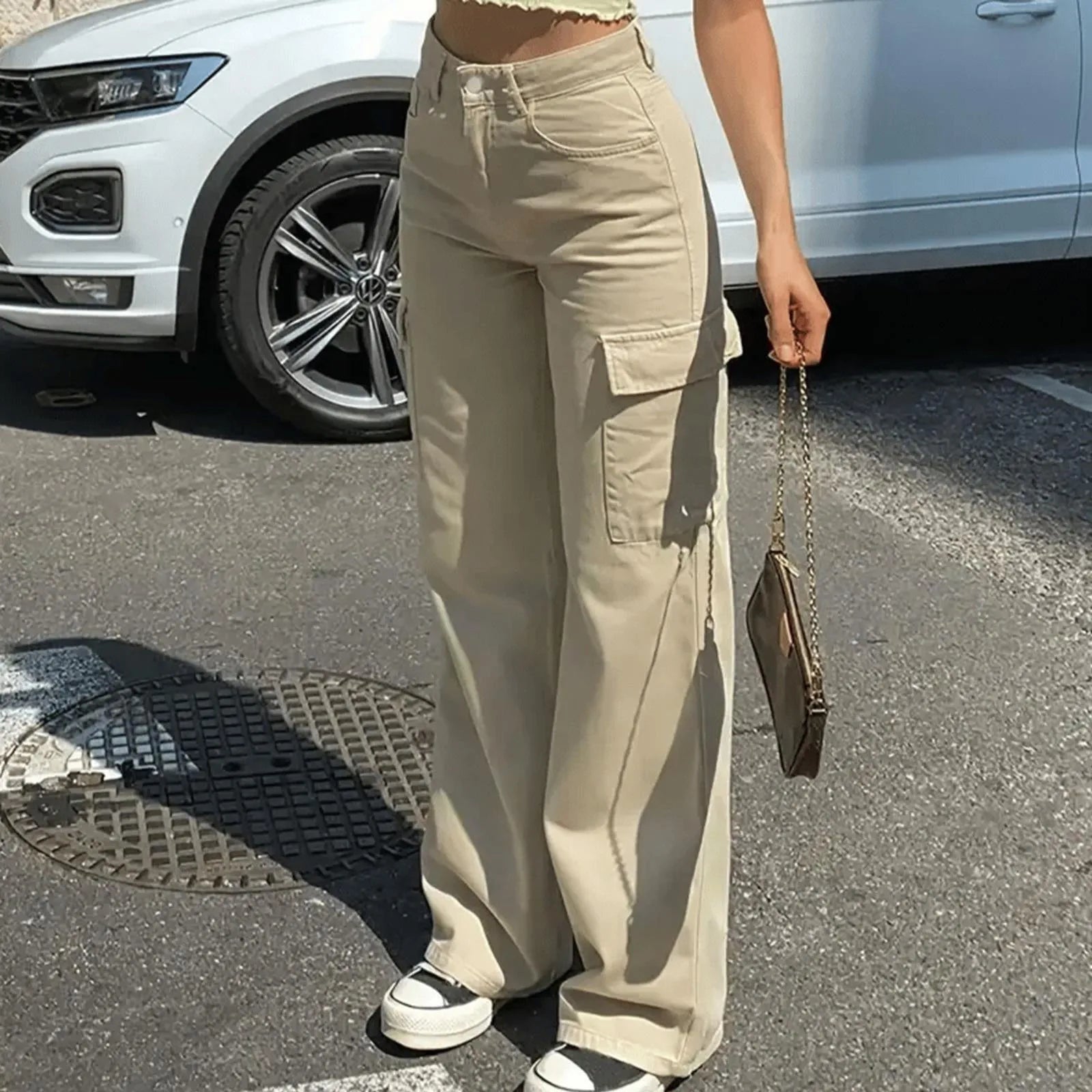 Women's Adjustable Cargo Pants - High Waist Straight Fit Baggy Wide Leg Trousers with Pockets Retro Street Style -dropshippingabc.com