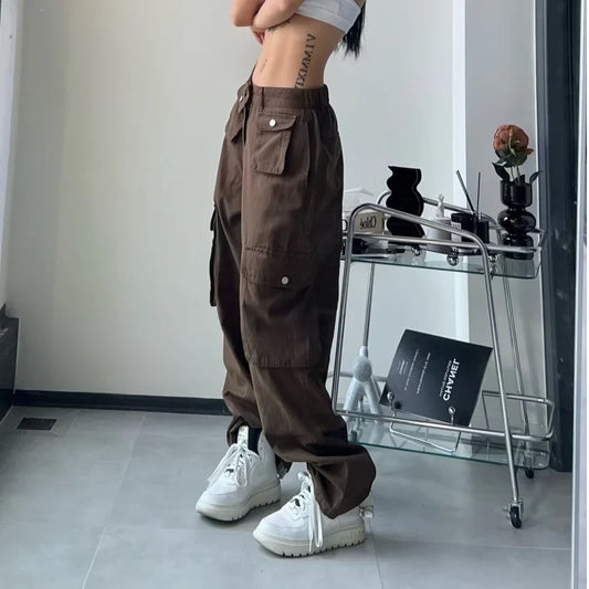 Vintage Brown Cargo Pants for Women - 90s Baggy Streetwear Hippie Trousers with Gyaru & Baddies Aesthetic -dropshippingabc.com