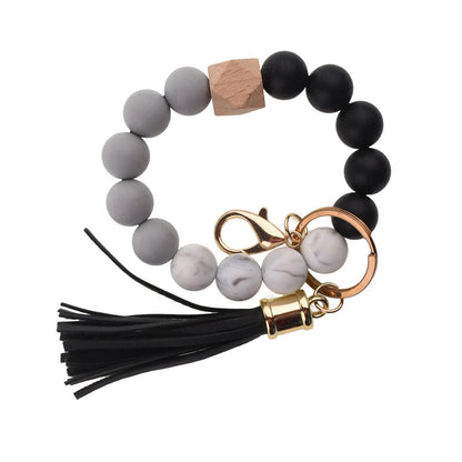 PU Tassel Keychain Bag charm Silicone Beaded Keychain Wristlet Key Ring Bracelet Cute Car Key Chain Holder for Women Girls