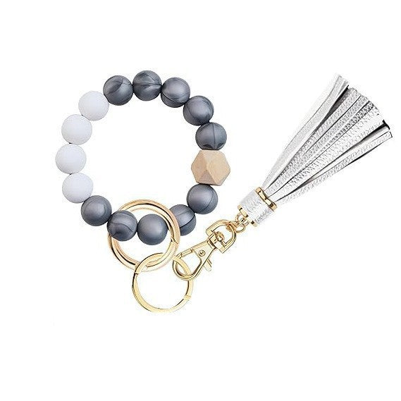 PU Tassel Keychain Bag charm Silicone Beaded Keychain Wristlet Key Ring Bracelet Cute Car Key Chain Holder for Women Girls