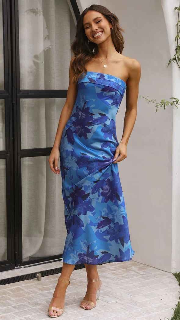 Satin Halter Backless Slit Midi Dress - Print High Neck Elastic Waist Wedding Guest Dress