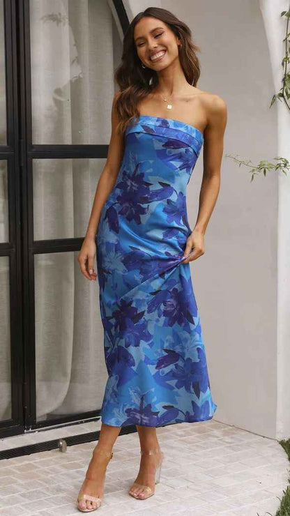 Satin Halter Backless Slit Midi Dress - Print High Neck Elastic Waist Wedding Guest Dress