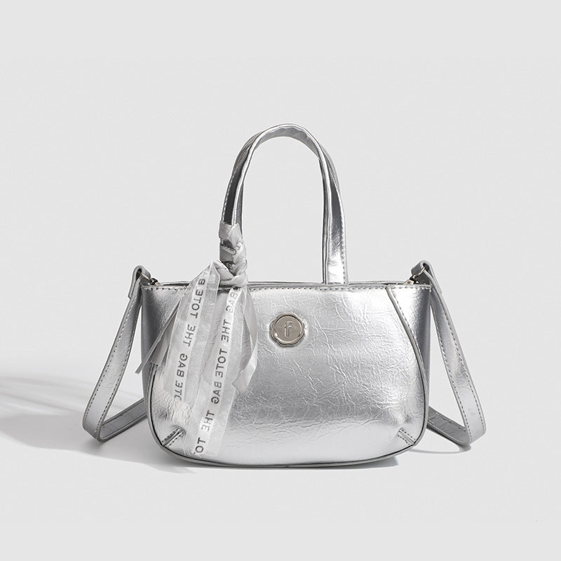 Metallic Small Tote Bag with Detachable Crossbody Strap - Fashionable Silver Square Handbag for Ladies -dropshippingabc.com
