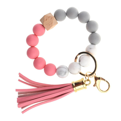 PU Tassel Keychain Bag charm Silicone Beaded Keychain Wristlet Key Ring Bracelet Cute Car Key Chain Holder for Women Girls