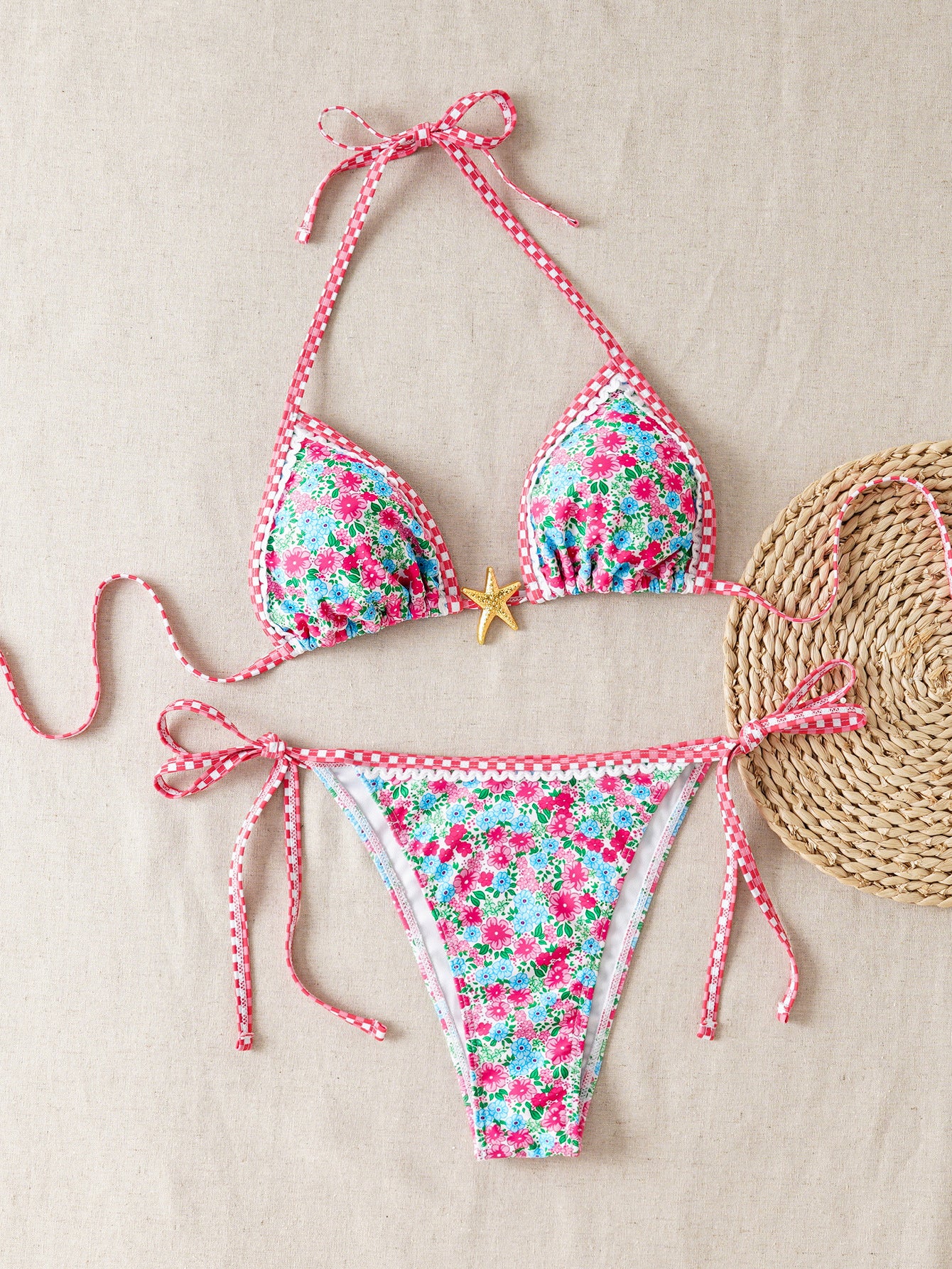 Plant Print Batwing Sleeve Bikini Set - Contrast Strap Sexy Split Swimsuit with Cover Up -dropshippingabc.com