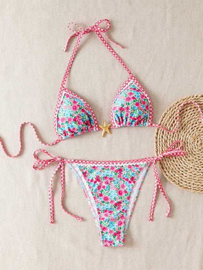 Plants Print Batwing Sleeve Bikini Set - Contrast Strap Sexy Split Swimsuit with Short Sleeve Cover -dropshippingabc.com