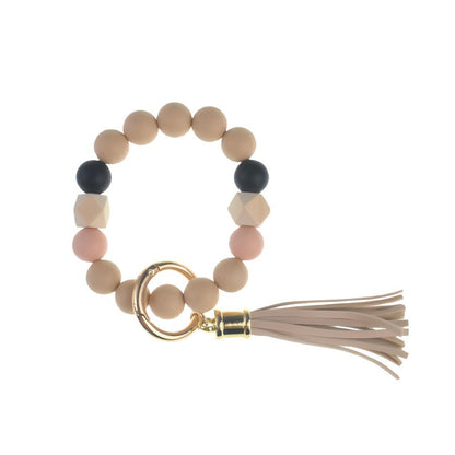 PU Tassel Keychain Bag charm Silicone Beaded Keychain Wristlet Key Ring Bracelet Cute Car Key Chain Holder for Women Girls