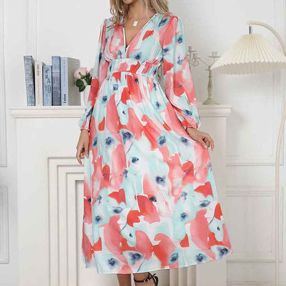 Bohemian female Long Lantern Sleeves Dress-Boho deep V printing high waist casual dress for women
