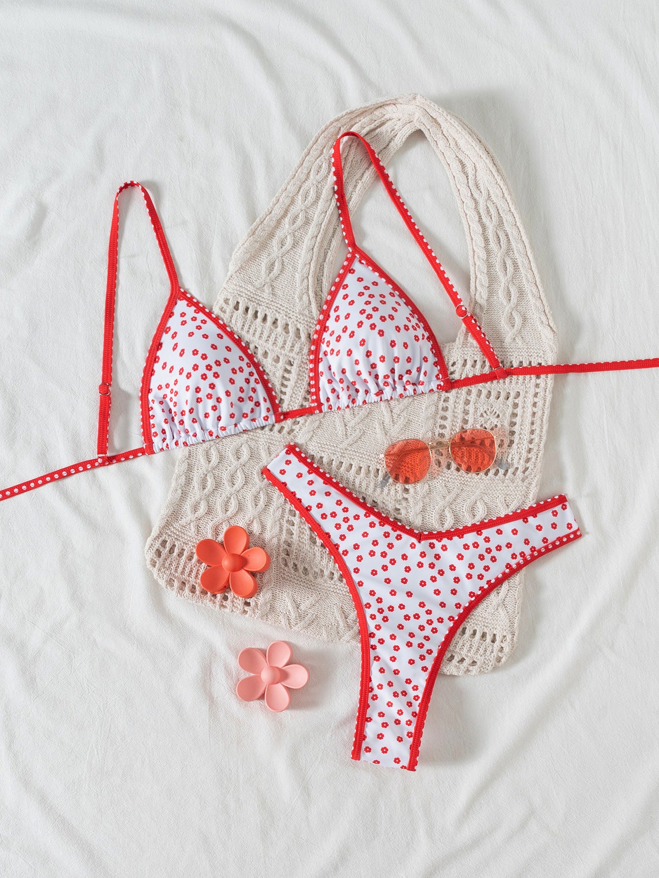 Hemming contrasting print strap sexy bikini split swimsuit Batwing Short Sleeve Shirt W Plants Print