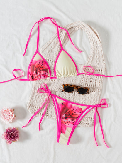 Hemming contrasting print strap sexy bikini split swimsuit Batwing Short Sleeve Shirt W Plants Print