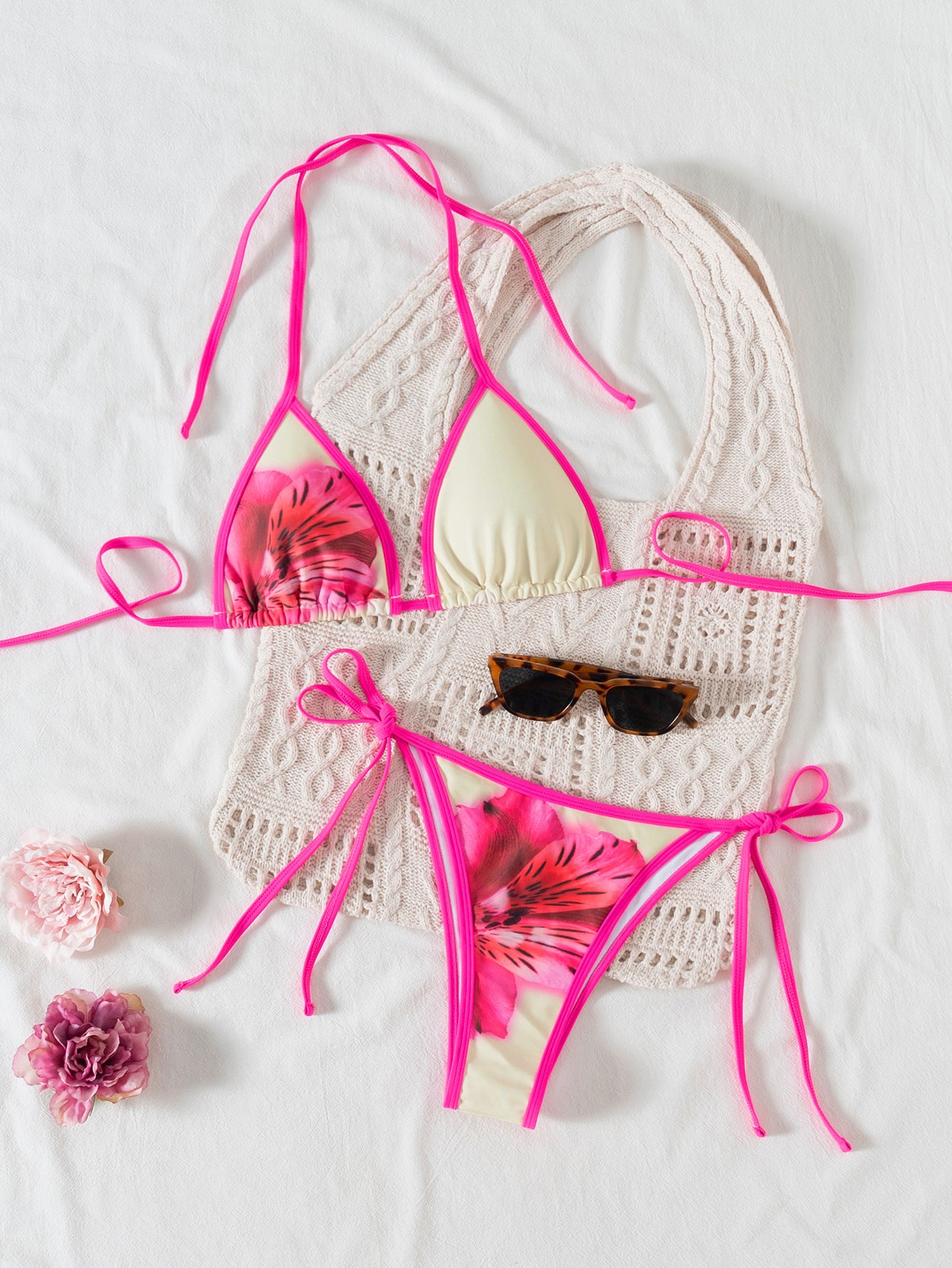 Contrasting Print Strap Sexy Bikini Split Swimsuit Batwing Short Sleeve Shirt W Plants Print