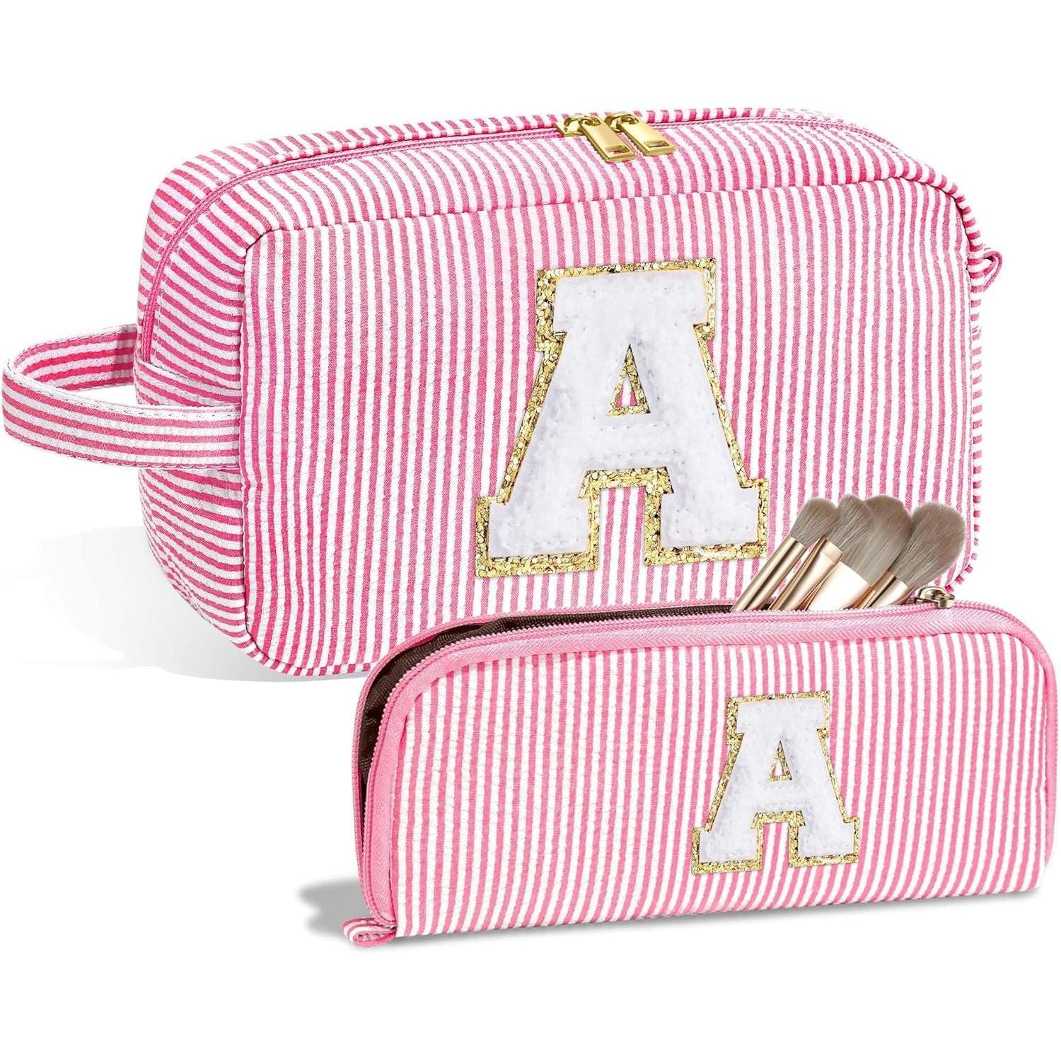 Chenille Striped Makeup Bag - 2-in-1 Lightweight Travel Cosmetic Organizer with Removable Compartments -dropshippingabc.com