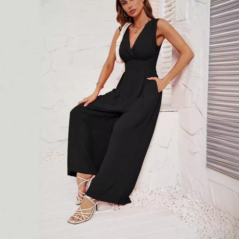 Sleeveless Jumpsuit High Waist Slim Straight Leg Wide -dropshippingabc.com