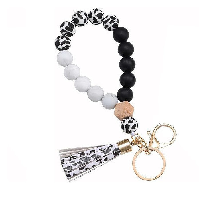 PU Tassel Keychain Women's Bag charm Silicone Beaded Keychain Wristlet Key Ring Bracelet Cute Car Key Chain Holder for Women Girls