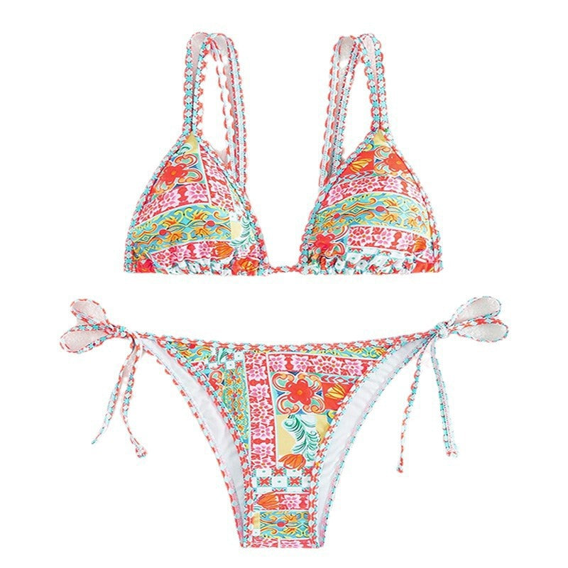 Printed Triangle Sexy Split Swimsuit Three Points Beach Bikini Female Neck-Tie Halter Bikini W Random Flower -dropshippingabc.com