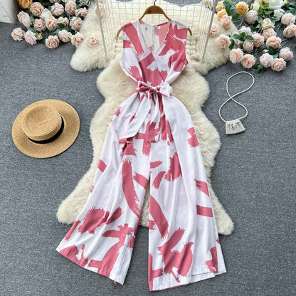 V-Neck High Waist Floral Print Wide Leg Jumpsuit - Loose Fit Women's Romper with Belt