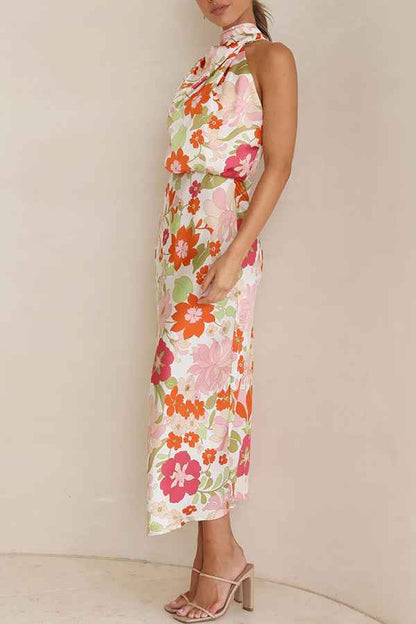 Sleeveless Strap Dress Slim Dress Satin Printing Temperament