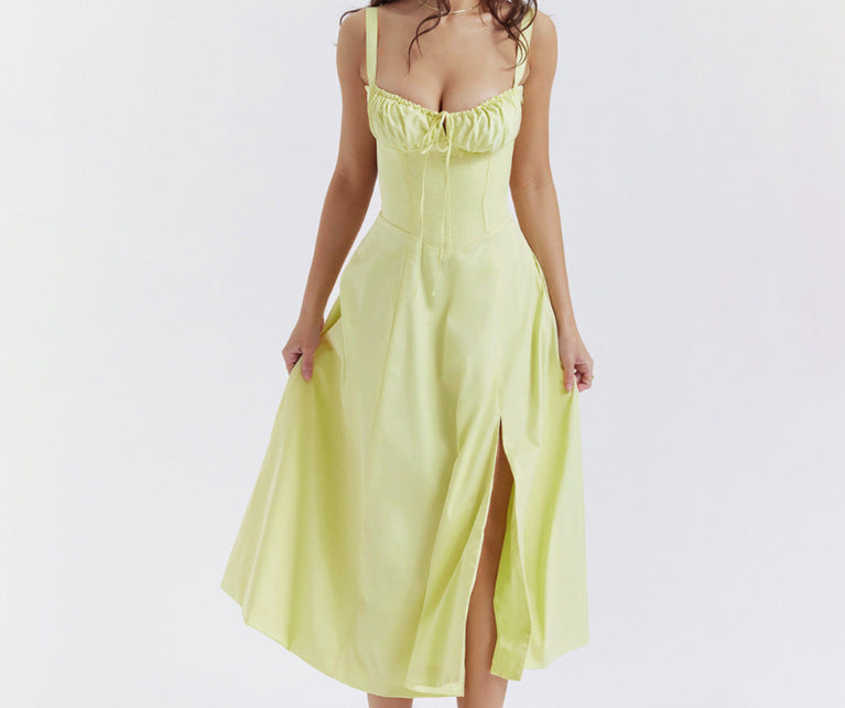 Sleeveless Strapless Bandage Corset Dress - Floral Print Long Midi Dress with Lace Up Back & Thigh Slit -dropshippingabc.com