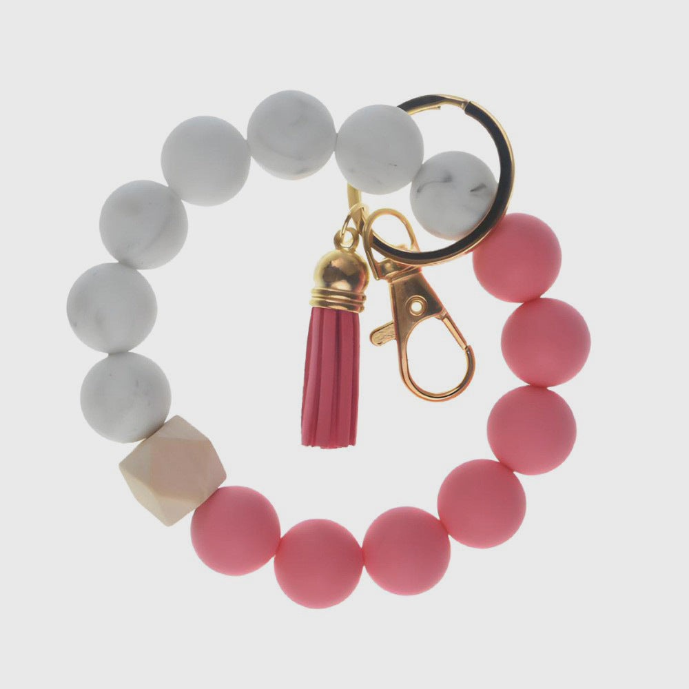 PU Tassel Keychain Bag charm Silicone Beaded Keychain Wristlet Key Ring Bracelet Cute Car Key Chain Holder for Women Girls