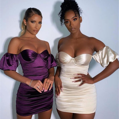 Breast Wrap Bodycon Dress - Strapless Satin Lantern Sleek Short Dress in Solid Colors -dropshippingabc.com