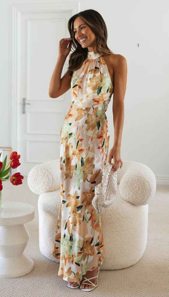 Summer Satin Dress Elegant Sleeveless Mock Neck Cocktail Party Maxi Dresses Sexy Halter Neck Floral Print Slim Casual dress