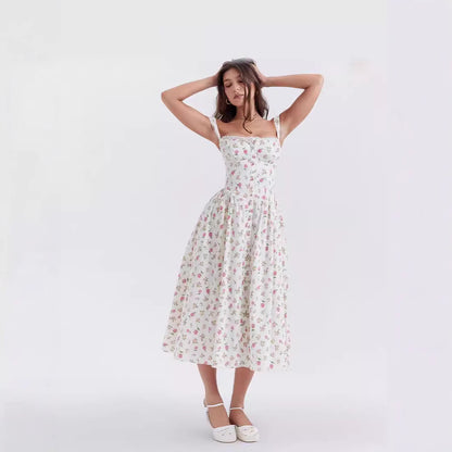 Floral Printed French Lace-Up Halter Dress - Sleeveless Spaghetti Strap Holiday Party Dress with Suspender Detail -dropshippingabc.com