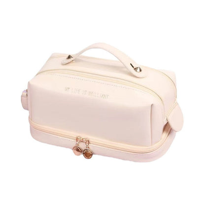 Double Layer Makeup Bag for Women - Large Capacity PU Leather Toiletry Organizer with Dual Zippers -dropshippingabc.com