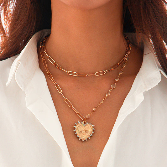 Heart Pendant Cuban Link Necklace - Gold Plated Zircon Paperclip Chain for Women & Men -dropshippingabc.com