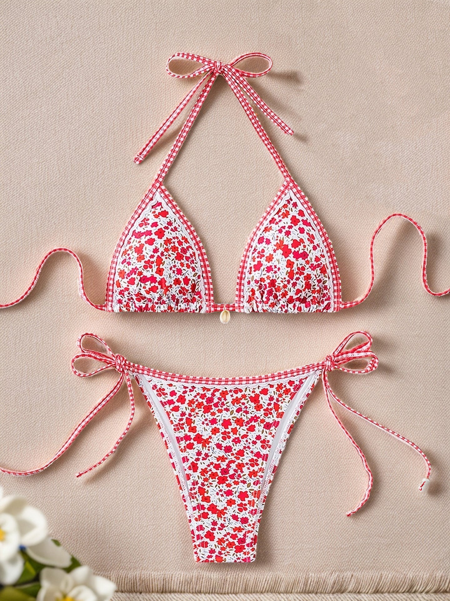 Plant Print Batwing Sleeve Bikini Set - Contrast Strap Sexy Split Swimsuit with Cover Up -dropshippingabc.com