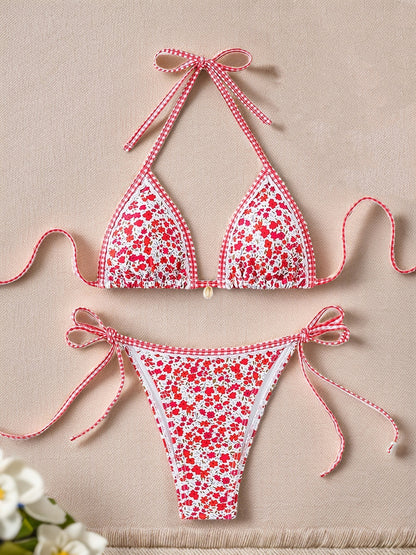 Plant Print Batwing Sleeve Bikini Set - Contrast Strap Sexy Split Swimsuit with Cover Up -dropshippingabc.com