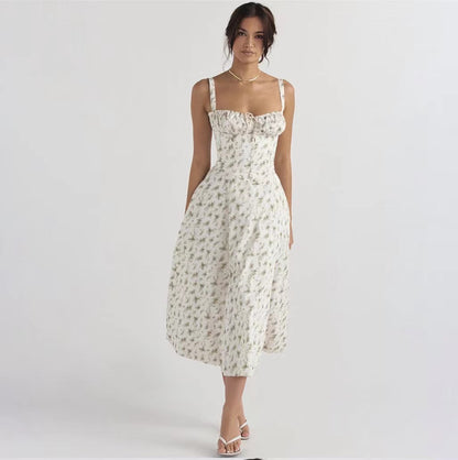 Sleeveless Strapless Bandage Corset Dress - Floral Print Long Midi Dress with Lace Up Back & Thigh Slit -dropshippingabc.com