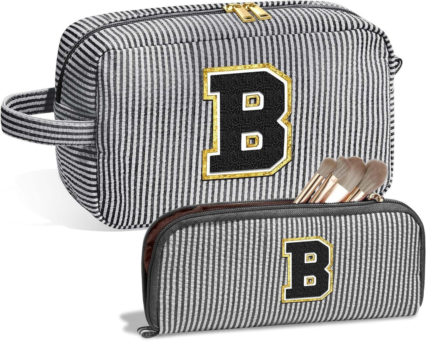 Chenille Striped Makeup Bag - 2-in-1 Lightweight Travel Cosmetic Organizer with Removable Compartments -dropshippingabc.com
